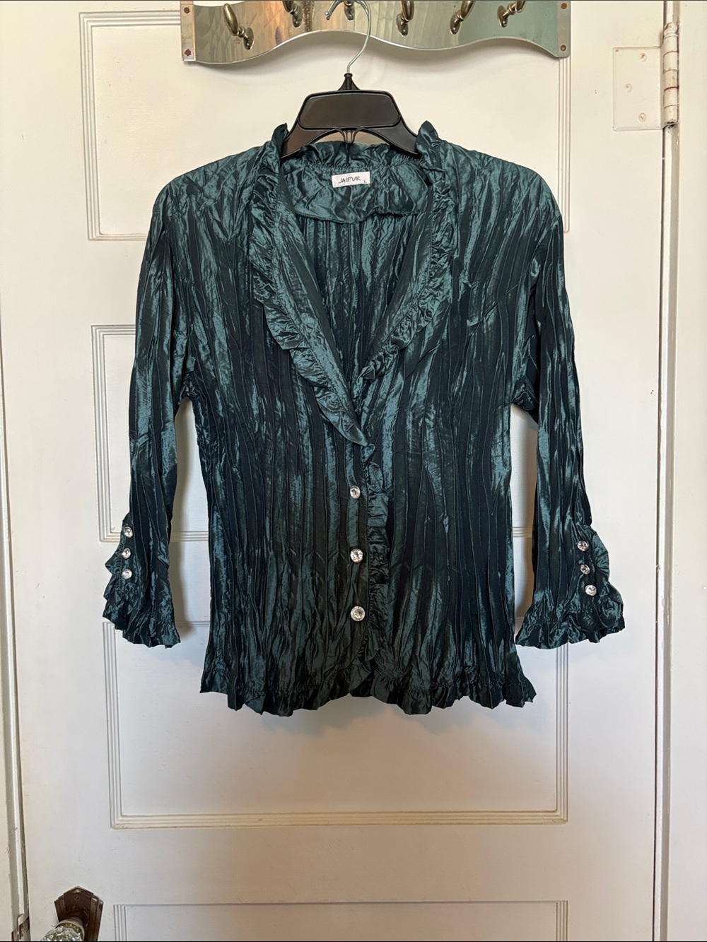 Jaipur Deep Green Crinkled Ruffle-Trim Button Down Blouse Size L
